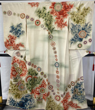 Japanese Vintage Kimono Silk White Homongi Traditional Authentic Length 62 in