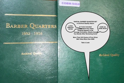PARTIAL BARBER QUARTER SET 1892-1916 w/61 90% Silver Coins AVG. CIRC. COBM-9468
