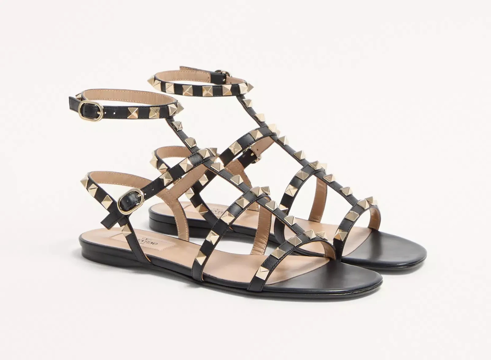 VALENTINO Garavani Rockstud Flat Calfskin Strappy Sandals 38.5 Black Platinum