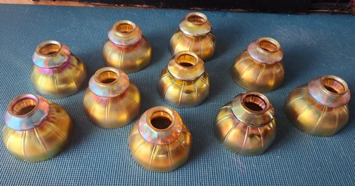 10 Beautiful Signed Steuben Gold Aurene Iridescent Art Glass Lamp Shades
