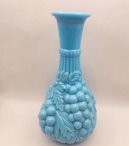 Vintage Imperial Blue Milk Glass Decanter w Grape Pattern~Excellent condition