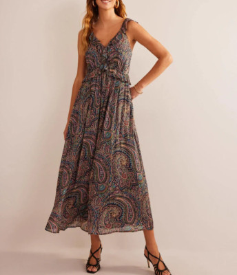 BODEN Tie-back ruffled maxi dress size 16 reg  multi- colour --b4