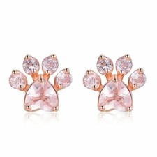 Paw Print Rose Gold With Pink Stones Cubic Zirconia Stud Earrings