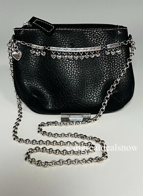 Samsonite Black Polished Pebbled Leather Small Shoulder Purse Silver Tone Hearts