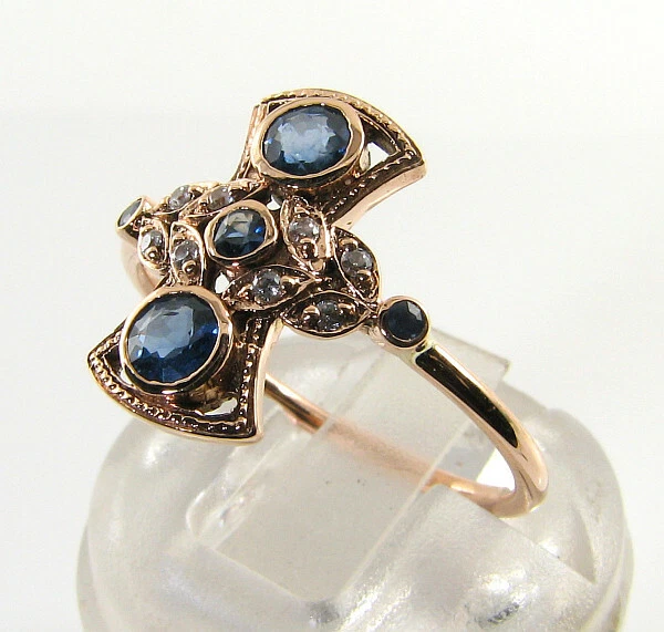 Anillo de Cluster Art Deco 9K 9CT Oro Rosa Zafiro Diamante Rosa