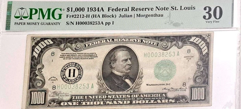 1934A One Thousand Dollars Rederal Reserve Note SN#H00038253A PMG 30 Very Fine - Image 3 of 4