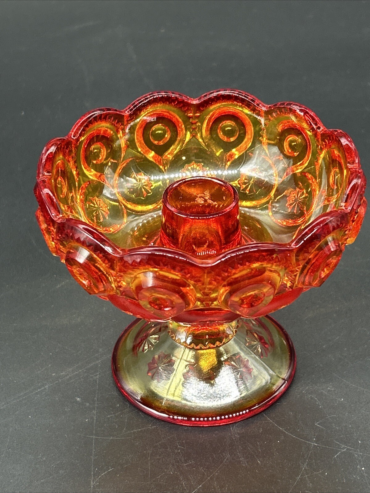 L.E. Smith Moon & Stars Ruby Red & Orange Amberina Candleholder Compote Bowl