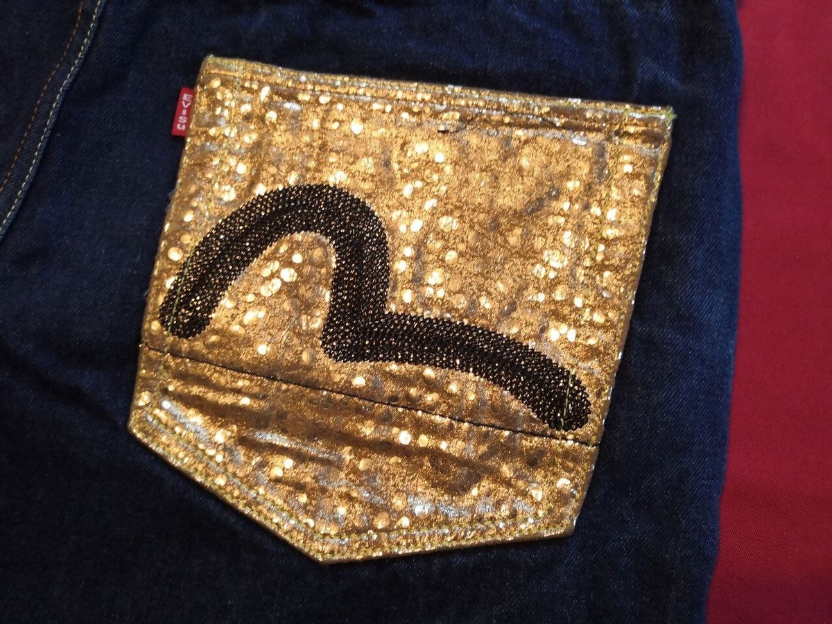 EVISU Dark Blue Gold Pockets Sequin Logo Denim Men's Pants