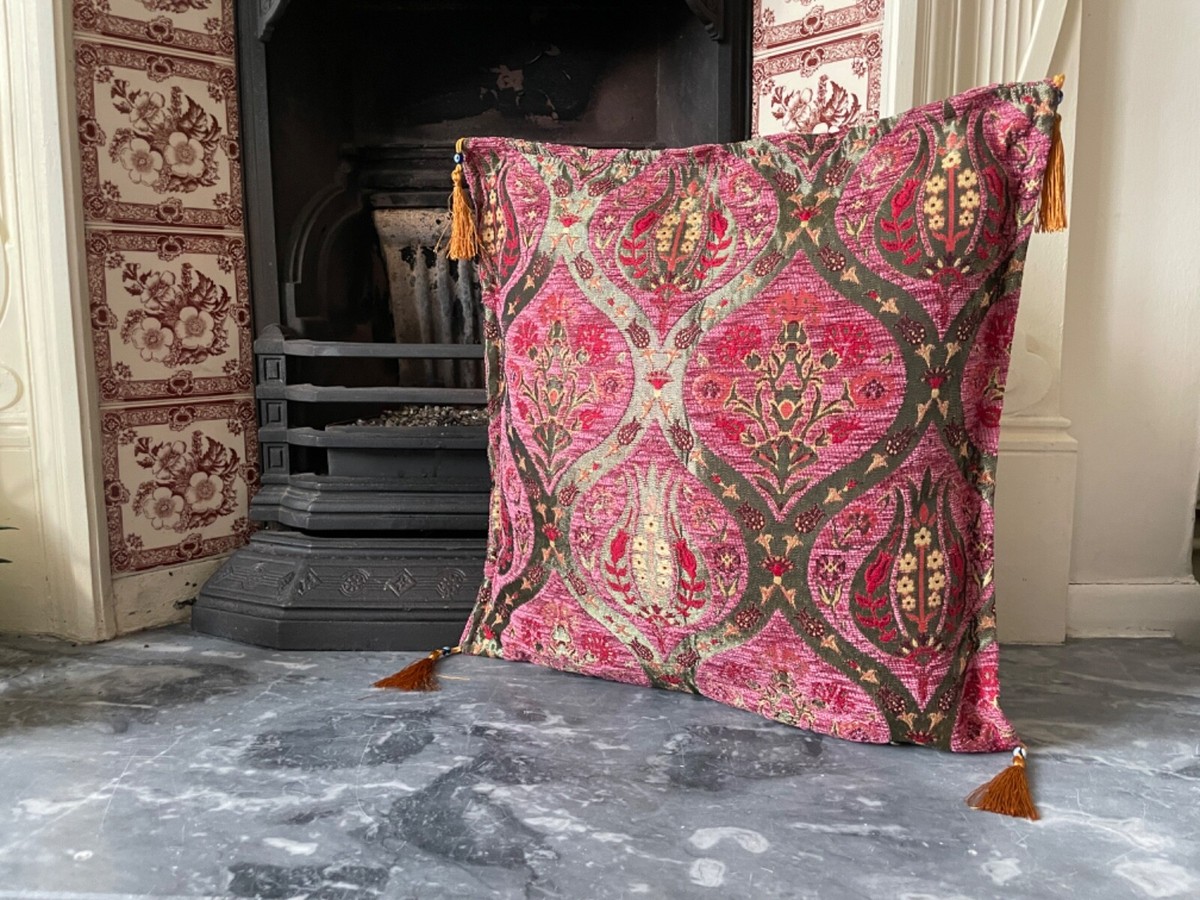 Pink Tulip Patterned Chenille Cushion Cover, Floral Throw Pillow