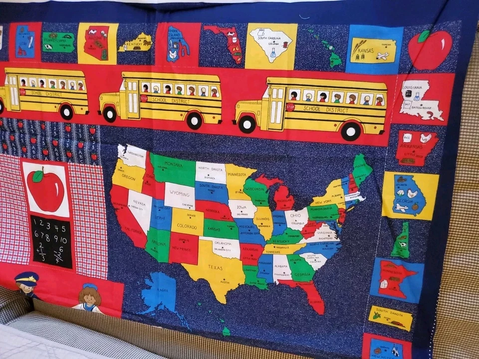 Vintage Sewing Fabric Traditions School Panel Bus States 35x45" Cotton Cut N Se - Image 3 of 4