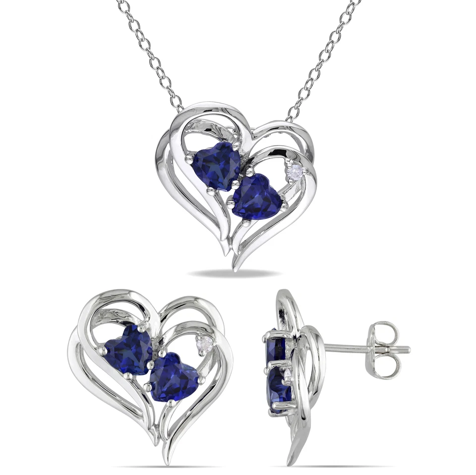 Amour Sterling Silver Created Sapphire & Diamond Necklace and Stud Earrings Set