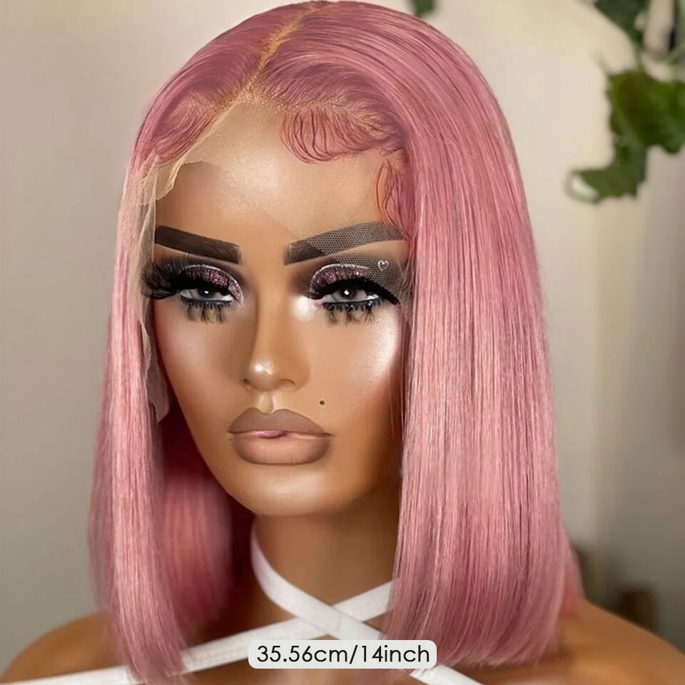 Pink Short Bob Wig Straight Lace Front Human Hair Wig Transparent