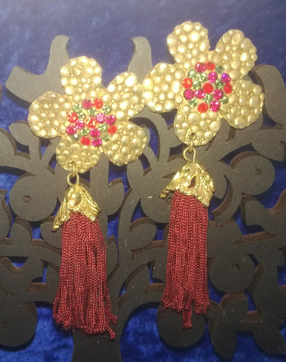 Boucles D'oreilles Vintage Jacky De G – Strass Bleus, Plaqué Or 24 Carats, Occasion Très Bon état