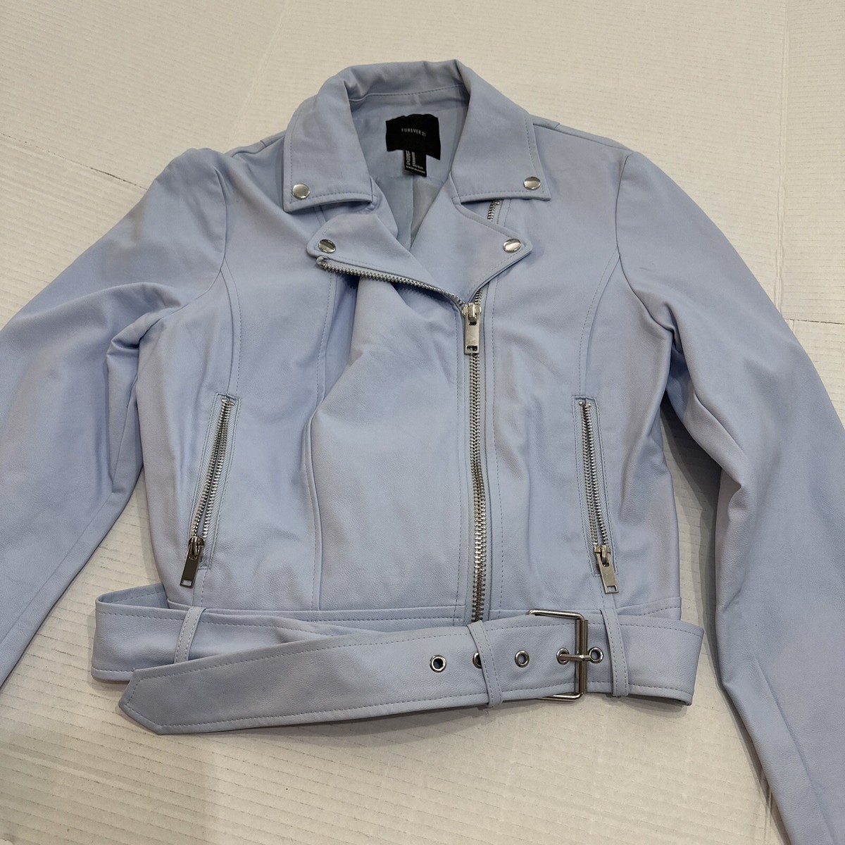 forever 21 Women baby blue Faux Leather Moto Jacket Size Medium Buttery Soft