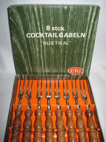 8 Cocktailgabeln "Rustikal" ETO 408 - in Originalverpackung - 70er Jahre Vintage - Bild 1 von 7