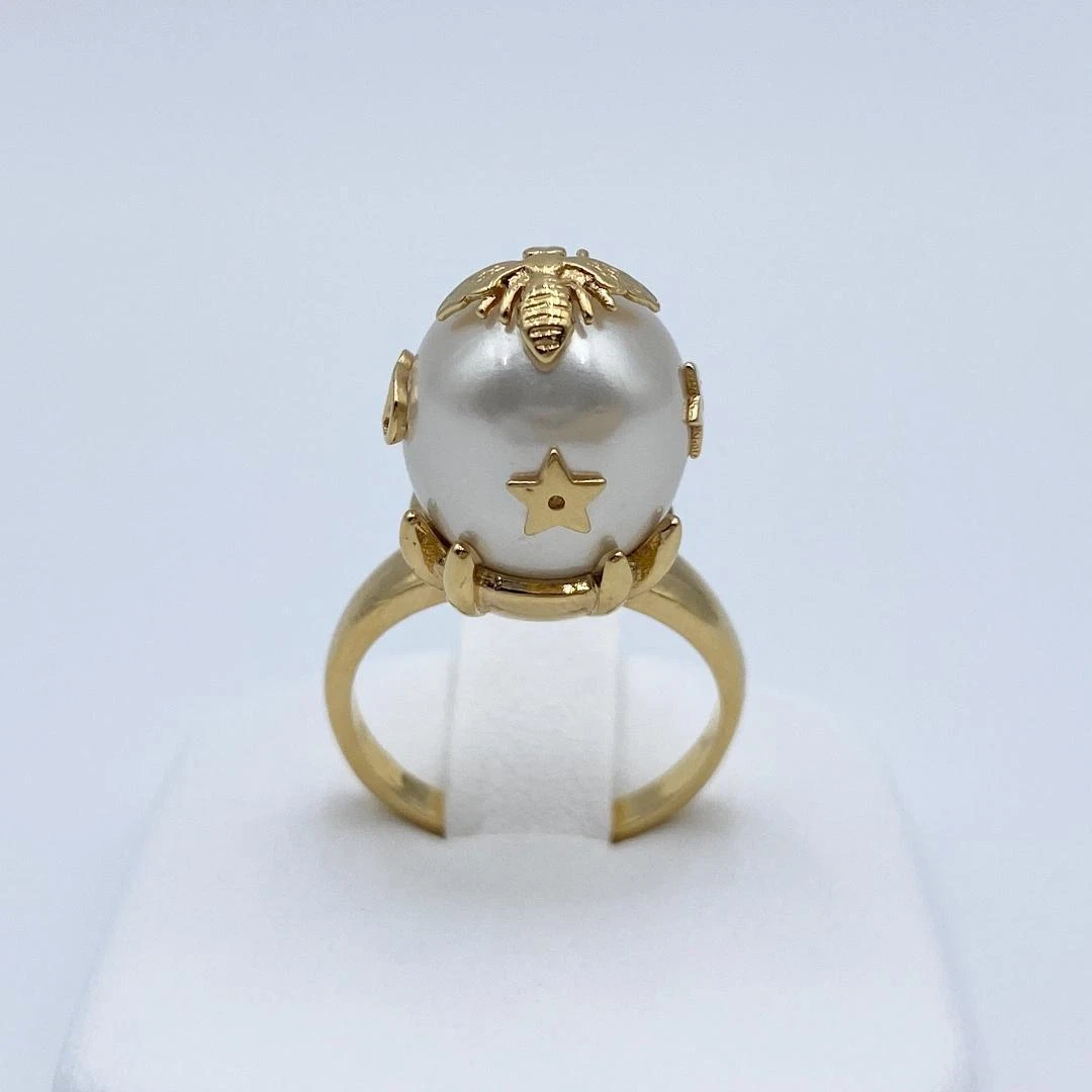 Used Christian Dior Women Ring Bee Fake Pearl Gold Tone Metal US