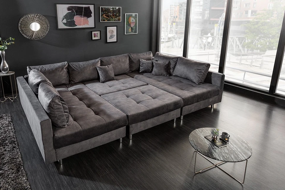 Moderne XXL Wohnlandschaft KENT 305cm grau Samt Bigsofa inkl. Hocker Federkern - Bild 4 von 4