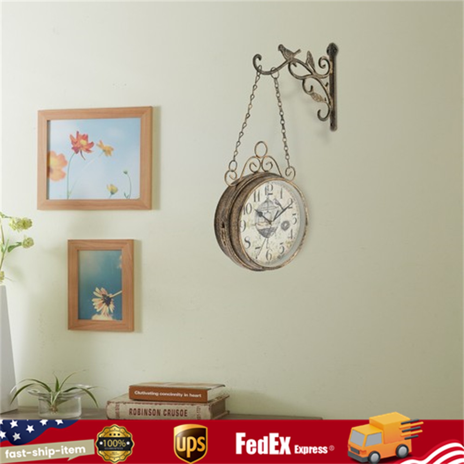 Double Sided Wall Clock Vintage Metal Clock European Style Hanging Clock 7.7Inch