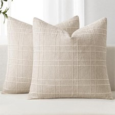 Decorative Linen Check Throw Pillow Covers 20" x 20" Pack of 2 Natural Beige