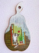 Charming Hand Painted Wooden Art Board Cat in Window Wall Decor Ukraine Oil Art