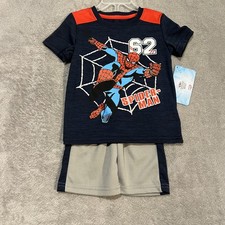 Marvel Spider-Man Shirt Shorts Set Toddler Boys 2T Blue Mesh 2 Piece Outfit