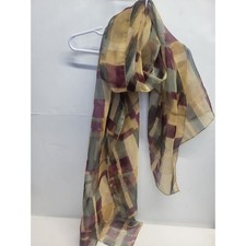 Vtg Sheer Abstract Grid Scarf Yellow Burgundy Lightweight Rectangular Wrap 19x64