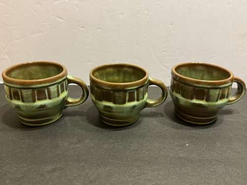 3 Frankoma Art Pottery 94C Wagon Wheel 5oz Coffee Cup Mug Prairie Green Vintage