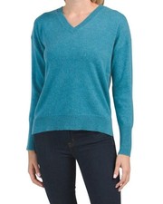 Tahari Womens Pure Luxe 100 2 Ply Cashmere Vneck Sweater Baltic Heather Teal L