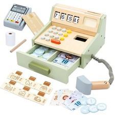 Wooden Toy Cash Register for Kids, Pretend Play Shop with Money Scanner and C...