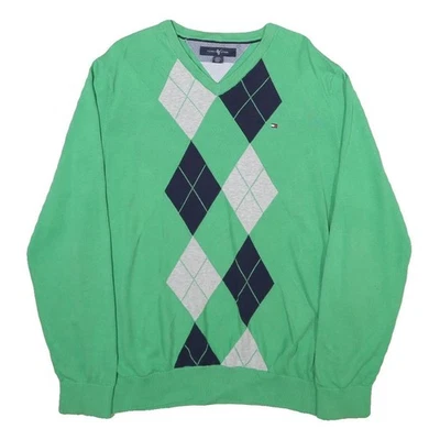 TOMMY HILFIGER Pull Col V En Maille à Câbles Vert Marine Gris Motif L - Photo 1/4