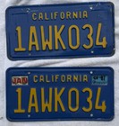 Pair Vintage 87 CA License Plates 2 California 1987 Lic 1 AWK 034 Blue Yelllw — photo 1