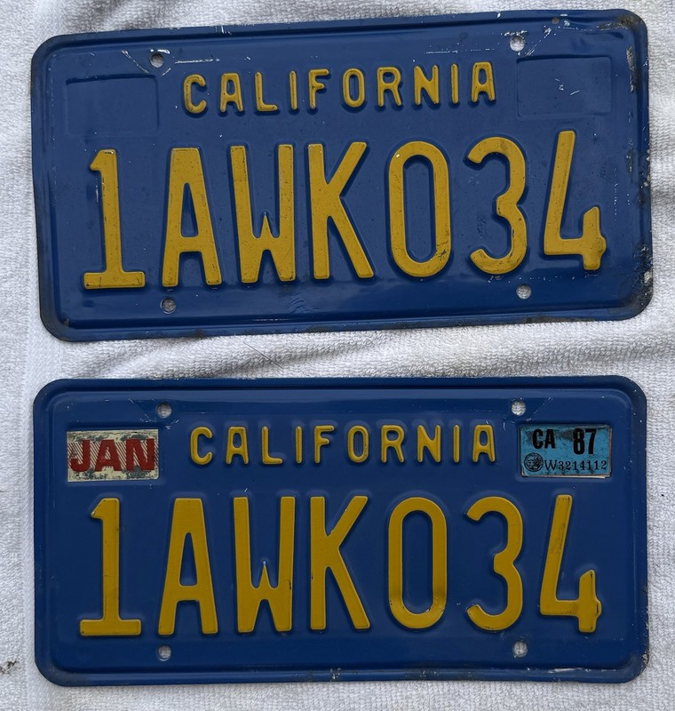 Pair Vintage 87 CA License Plates 2 California 1987 Lic 1 AWK 034 Blue Yelllw