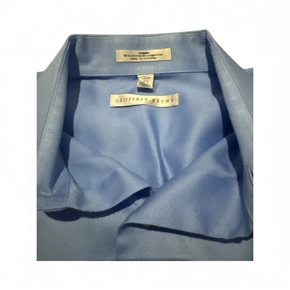 Camisa social masculina Geoffrey Beene cetim azul sem rugas LS botão para cima 16 34/35 - Imagem 2 de 2