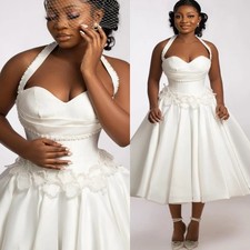 Plus Size White Wedding Dress Halter Pearls Satin Flowers Tea Length Bridal Gown