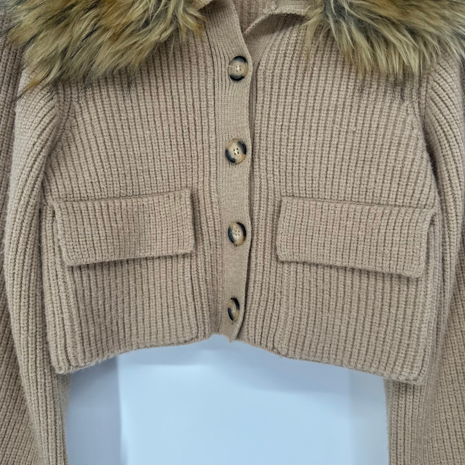 ZARA Faux Fur Collar Cardigan Jacket Chunky Knit Cropped Sweater Tan, Size M image 6