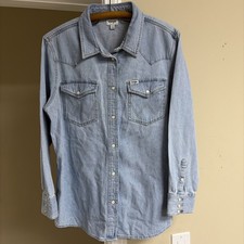 Wrangler Retro Shirt Men's Large Light Blue Denim Western Pearl Snap Long Sleeve