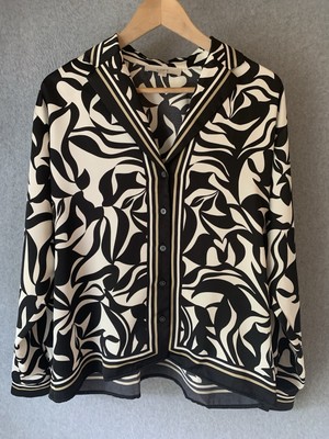 Loft Dressy Button Blouse Sz S/M Black Ivory Swirl Artsy Flowy Office Career