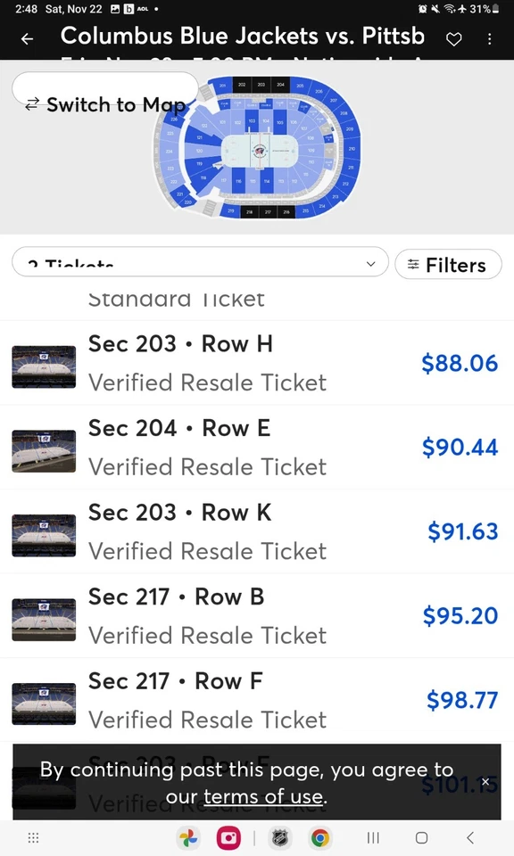 PAIR Columbus Bluejacket VS Pittsburg Penguins Fri. 11/28 NATIONWIDE 217 E - Image 3 of 3