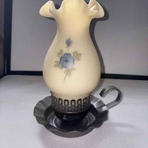 Fenton Satin Custard Hurricane Lamp w/Candle Holder Artist Laura Long