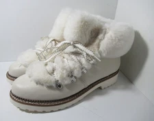 NWOB Franco Sarto Harlin White Leather Hiker Ankle Boot ~ Faux Fur Cuff SIZE 9