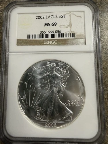 2002 $1 AMERICAN SILVER EAGLE NGC MS69 Brown Label