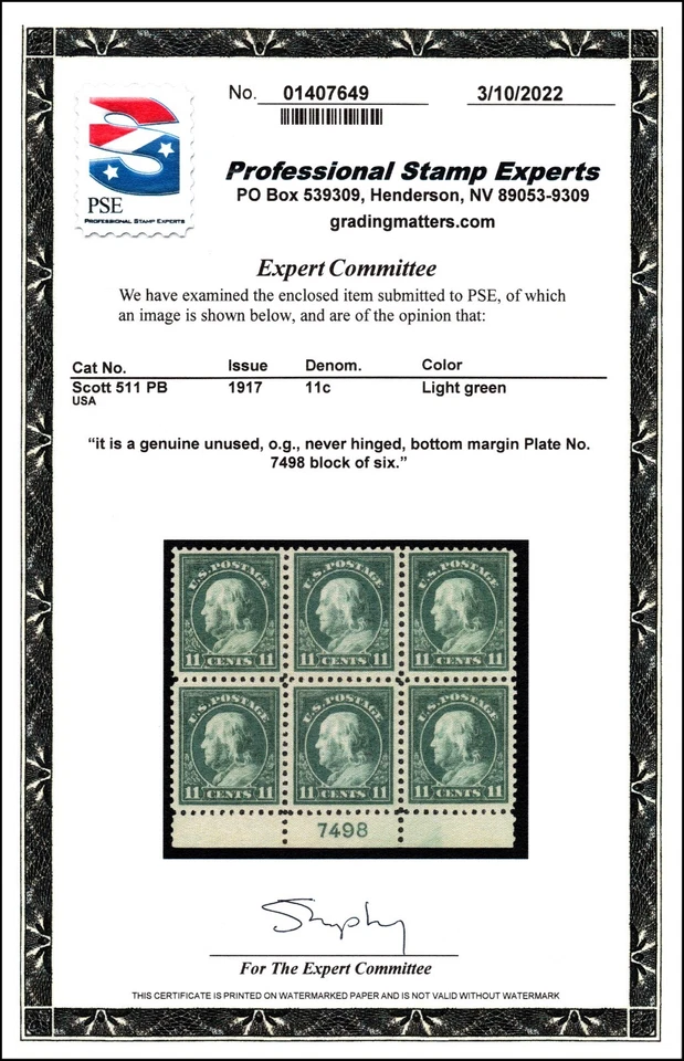 Scott 511 11 Cents Franklin Plate Block Of 6 MNH Bottom #13798 PSE SCV $260.00 - Image 3 of 3