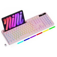 Wireless Keyboard 7Color RGB Backlit FullSize Phone Holder Pink