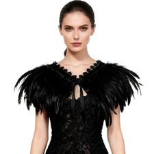 Women's Real Nature Feather Shrug Cape Lace Shawl Collar Witch Cosplay Z-black