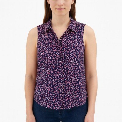 Love Notes Women s Navy Pink Floral Sleeveless Button-Down Blouse Size Large EUC