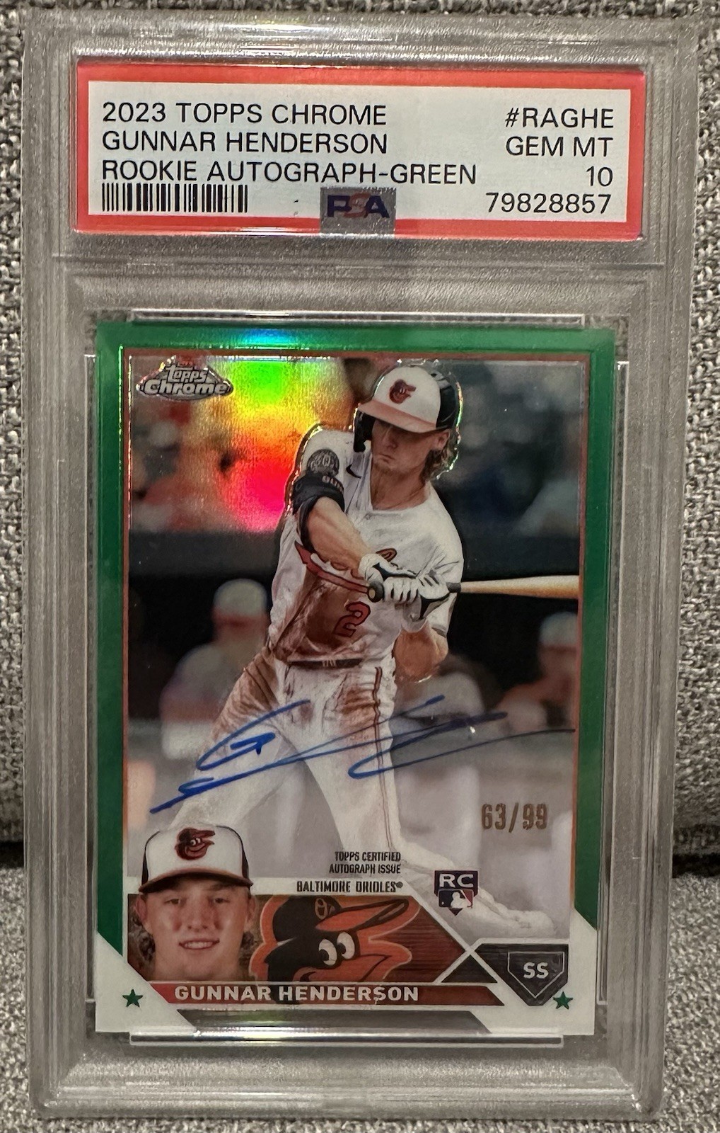 Gunnar Henderson - 2023 Topps Chrome - Rookie RC Auto - Green /99 - PSA 10 gem