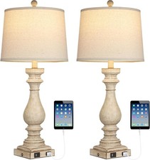 29" Farmhouse Table Lamp Living Room Set of 2,Vintage Bedside Lamps W/ USB C A