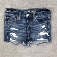 American Eagle Shorts Womens 4 Blue Hi Rise Shortie Distressed Denim Cutoff