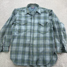 Pendleton Wool Flannel Shirt Mens 17 Large Button Up Green Blue Plaid VTG *FLAWS