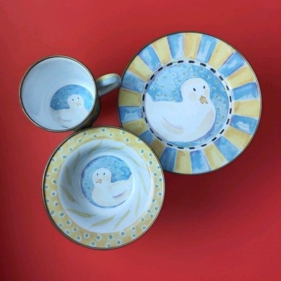 MacKenzie Childs Enamel Duck 3 pc Set Plate Bowl Mug Cup Taiwan Vtg Dinner Ware 